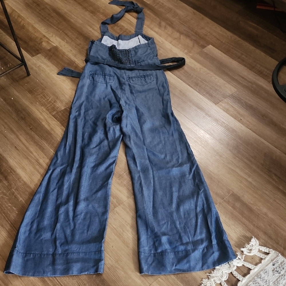 Elevenses Anthropologie Blue Wide Leg Halter Jumpsuit 70s Boho Retro - Picture 9 of 11